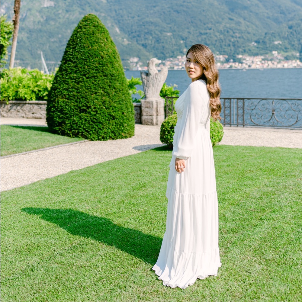 Badgley Mischka White Ruffle Crepe Maxi Dress Bridal